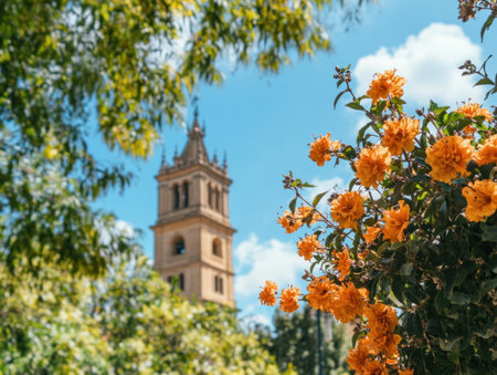 Photo of the Giralda tower in Seville, Spain with trees and blue sky, the Cathedral can be seen in the background, with orange flowers on the tree. --ar 4:3 --v 6.1 Job ID: 35644a13-4b58-433f-bec6-1fc61f81f475の素材