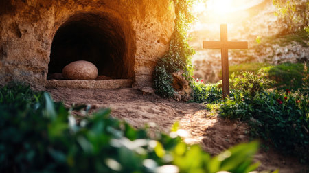 The empty tomb of Jesus Christ, with the stone rolled away, is surrounded by lush greenery and bathed in warm sunlight, symbolizing His comforting presence. In front stands an old wooden cross, representing His sacrifice for humanity. The scene conveys peace and hope as He stands beside the open cave door, overlooking the Earth's landscape. --chaos 30 --ar 16:9 --v 6.1 Job ID: c5e27997-2e9f-40f7-9724-ec85e46a96f8の素材