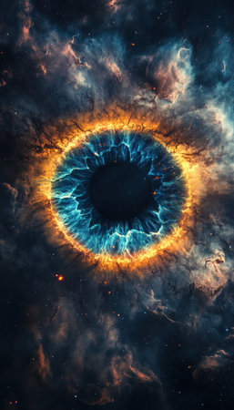 The Eye of God, iris glowing blue and orange, nebula, black background, high-resolution photography, hyper-realistic, hyper-detailed --ar 73:128 --v 6.1 Job ID: 3ec7d76b-6821-43ef-8a1c-f404f4b5de98の素材