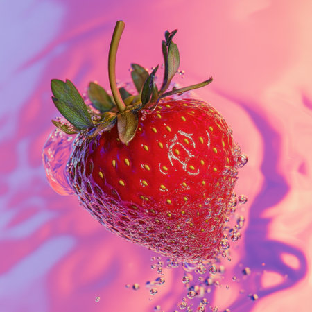 Strawberry floating in liquid, hyper-realistic, vibrant colors, macro photography, surreal, glitch art, cinematic. --v 6.1 Job ID: 7b1b53d1-8237-4ee6-b98f-3fafd521c519の素材