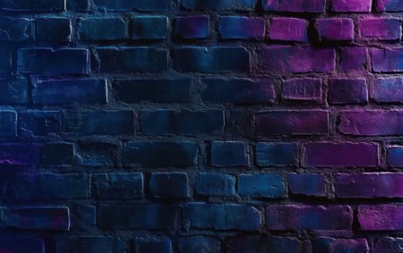 Dark brick wall background with neon lights in shades of purple and blue. --ar 8:5 --v 6.1 Job ID: f6d1f1f2-e0cb-44a3-824d-9a0ce619a1b1の素材