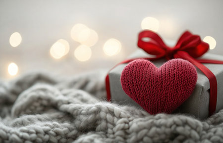 Red ribbon, heart, and gift box on a light background with copy space for a Valentine's Day greeting card. Christmas present wrapped in a knitted gray blanket. Background of soft pastel colors with bokeh lights. Happy Valentine's Day concept. Vintage color tone. --ar 47:30 --v 6.1 Job ID: 90eb8150-7144-455a-b2dd-8c7bf88bfae0の素材