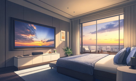 High-end hotel room, minimalist style, large TV hanging on the wall, sofa in front of the bed, carpet under the coffee table, floor-to-ceiling windows with curtains open, high ceiling, gray walls, white cabinet at the foot of the bed, blue-gray fabric pillow cover, white soft velvet blanket, wooden bedside desk lamp, warm lighting atmosphere, modern furniture decoration, spacious layout. --ar 5:3 --v 6.1 Job ID: 450de4c1-b124-43dc-b33d-6865fb3bf5a5の素材