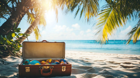 The open suitcase is filled with beach accessories and summer vacation on the sandy shore of an exotic island, against the background of a blue sky and palm trees, with sunlight shining through the leaves. A vibrant scene that captures your anticipation for sun rays, sea waves, sand particles, colorful toys, bright colors, and sunshine. --chaos 30 --ar 16:9 --v 6.1 Job ID: d8269933-8ed9-4657-a2c0-0a9359540b14の素材