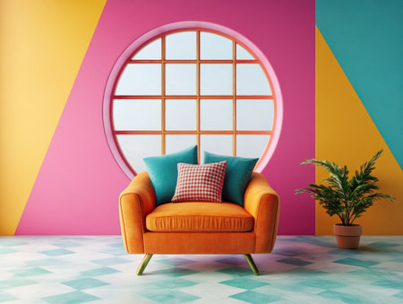 Modern interior design with vibrant colors, featuring an armchair and windows. A colorful round window frames the room's decor, creating a lively atmosphere. The color palette includes shades of pink, orange, teal, blue, red, and green, adding vibrancy to your space. This design is perfect for modern living spaces or home decor. --ar 4:3 --v 6.1 Job ID: bba0dc04-1b5f-4a85-8c0d-1a4e12a7be02の素材