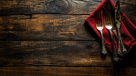 Christmas background with cutlery, stars, and decorations on a wooden table. Christmas food concept. Top view of a festive dinner place setting with silverware in a red napkin on a wood surface. Flat lay. Copy space. High-quality photo. --chaos 30 --ar 16:9 --v 6.1 Job ID: 4545923b-0b83-452b-9f20-c3969a9ca799の素材