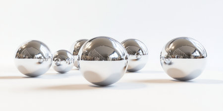 Simplicity, silver spheres with reflections on the white background, several metallic balls and some small lines of metal mirrors, rendered in the style of Cinema 4D, monochromatic shadows, minimalist stage design, 3D rendering, white background, simple composition, low-angle perspective, high resolution, high detail, high quality. --ar 2:1 --v 6.1 Job ID: 51ade92f-9f3c-42b4-a7fd-6ce9cc8b9241の素材