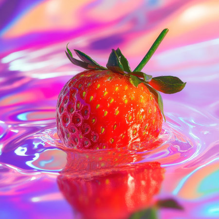 Strawberry floating in liquid, hyper-realistic, vibrant colors, macro photography, surreal, glitch art, cinematic. --v 6.1 Job ID: 7b1b53d1-8237-4ee6-b98f-3fafd521c519の素材