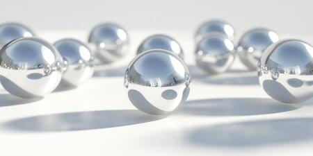 Simplicity, silver spheres with reflections on the white background, several metallic balls and some small lines of metal mirrors, rendered in the style of Cinema 4D, monochromatic shadows, minimalist stage design, 3D rendering, white background, simple composition, low-angle perspective, high resolution, high detail, high quality. --ar 2:1 --v 6.1 Job ID: 51ade92f-9f3c-42b4-a7fd-6ce9cc8b9241の素材