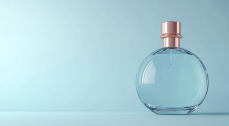 Realistic photograph of an elegant, round glass perfume bottle with a rose gold cap and a pastel blue background, centered composition, a mockup template for a branding presentation. 3D rendering, high resolution, with a large empty space on the right side, minimalist design. --ar 128:71 --v 6.1 Job ID: 8e54f9dc-1b21-4251-a9ca-46bde992fa81の素材
