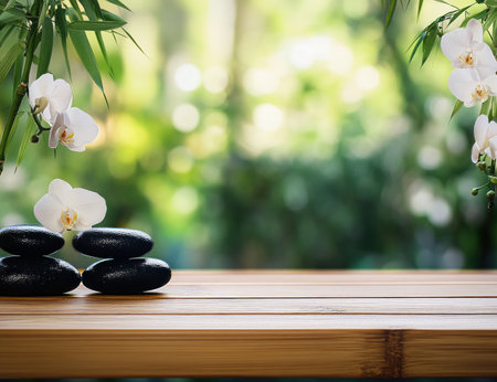 Photo of a spa background with bamboo, orchids, and black stones on a wooden table against a blurred green natural background. Space for text. A beautiful Zen-inspired banner for a massage salon or beauty parlor. --ar 13:10 --v 6.1 Job ID: 8f0ddd0f-ddeb-4b9d-b1c6-93d328b0aaf6の素材