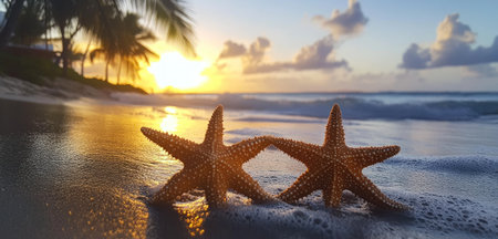 Starfish on the beach with a sunset and palm tree, a summer vacation background banner for design. --ar 21:10 --v 6.1 Job ID: dff679af-bb20-4350-a932-f7b3eeb0e26cの素材