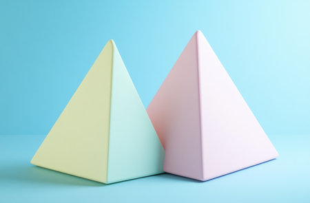 Isometric 3D rendering of two simple shapes in pastel colors, one triangle and the other semi-delta with a solid background. The scene is minimalistic yet visually appealing, with soft lighting to highlight their forms. --ar 23:15 --v 6.1 Job ID: 34ba15ac-e420-4bd6-948a-e6f2de296f6bの素材