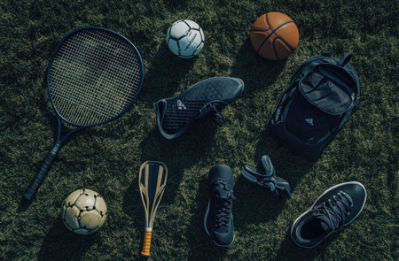 Photo of various sports equipment on grass, including a badminton racket and ball, a soccer ball, a baseball glove and bat, a basketball, and shoes, from a top-down view. --ar 23:15 --v 6.1 Job ID: 8be105e4-dc51-4b3a-9334-108a4c6674d6の素材