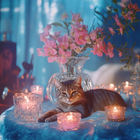 In the living room of an upscale home in New York City, there is a crystal vase with pink flowers on top and candles scattered around it. A gray tabby cat lies comfortably next to them. The background features a blue night scene with warm lighting. Captured in the style of David LaChapelle using a Kodak Portra 800 film camera, 35mm lens at f/2 aperture setting. High resolution. --v 6.1 Job ID: 01f09890-21be-4385-a8a8-464d06a42ae6の素材