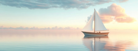 Sailing boat with white sails on a calm sea, a 3D rendering of a small wooden sailboat in the ocean, isolated against a pastel sky background, suitable for a banner design. A minimalist scene concept for travel and vacation. Wide format. High resolution. High detail. High quality. --ar 8:3 --v 6.1 Job ID: 18e887b1-8a20-406a-9ce7-b79e21d2757aの素材