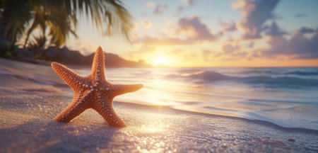 Starfish on the beach with sunset and palm tree. Summer vacation concept banner background. High-detail, ultra-realistic photo render in the style of a professional photographer. --ar 21:10 --v 6.1 Job ID: c2d79a34-d5b3-497a-a8da-00287447a6e6の素材