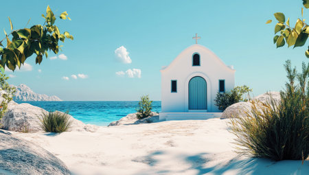 Photo of a small white and blue Greek church building with an entrance, on the beach in front of the sea, under a clear sky on a bright, sunny day. --ar 53:30 --v 6.1 Job ID: d6925356-eed5-4923-bcb9-2cba719fb2afの素材