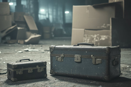 Old suitcases lie on the floor of an old warehouse. In front, there is one small suitcase, and next to it lies another large, gray and black travel case. Dust particles and light from above illuminate the scene, with boxes and cardboard in the background, creating a vintage style. The background is blurred, and the focus is sharp, resulting in a high-resolution, high-quality professional photograph. --ar 3:2 --v 6.1 Job ID: bb360136-d813-4435-9708-7c681ffb2806の素材
