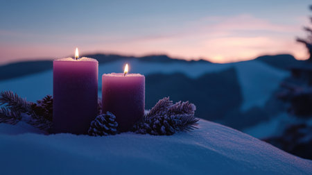 Christmas background with purple candles and snow, a blue night sky, and space for text. --chaos 30 --ar 16:9 --v 6.1 Job ID: e9f1b91f-c3ec-4ff9-9115-4961747dff29の素材