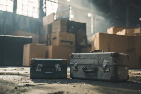 Old suitcases lie on the floor of an old warehouse. In front, there is one small suitcase, and next to it lies another large, gray and black travel case. Dust particles and light from above illuminate the scene, with boxes and cardboard in the background, creating a vintage style. The background is blurred, and the focus is sharp, resulting in a high-resolution, high-quality professional photograph. --ar 3:2 --v 6.1 Job ID: bb360136-d813-4435-9708-7c681ffb2806の素材