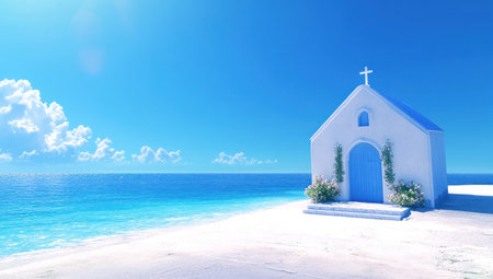 Photo of a small white and blue Greek church building with an entrance, on the beach in front of the sea, under a clear sky on a bright, sunny day. --ar 53:30 --v 6.1 Job ID: d6925356-eed5-4923-bcb9-2cba719fb2afの素材