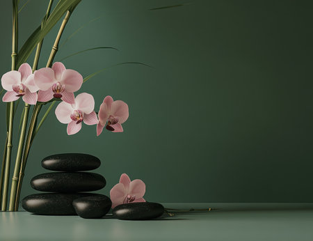 Photo of a modern-style arrangement featuring black Zen stones and bamboo next to pink orchid flowers on a table against a green background with copy space for text. This image could serve as a background banner template for a spa or salon decor poster or flyer. High-quality, realistic photograph, stock photography. --ar 13:10 --v 6.1 Job ID: 61bdf436-7b45-4930-ad53-8d159700c505の素材