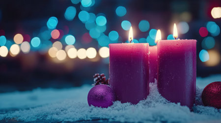 Stylish Christmas background with purple candles, snow, and decorations on a blue glowing lights bokeh backdrop banner. --chaos 30 --ar 16:9 --v 6.1 Job ID: 37987c27-d5c0-4a75-8985-6f65579bd1e8の素材