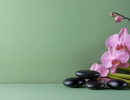 Photo of a modern-style arrangement featuring black Zen stones and bamboo next to pink orchid flowers on a table against a green background with copy space for text. This image could serve as a background banner template for a spa or salon decor poster or flyer. High-quality, realistic photograph, stock photography. --ar 13:10 --v 6.1 Job ID: 61bdf436-7b45-4930-ad53-8d159700c505の素材