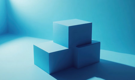 Two square business cards stacked on top of each other, with a blue background. The design is simple and minimalistic, with a 3D render in the style of Blender, Cinema 4D, and Octane rendering. The image is a high-resolution photography in an isometric view, with a front angle, and a hyper-realistic, close-up appearance. --ar 5:3 --v 6.1 Job ID: 0fcb3064-166c-4e17-8c54-3979a5b2b640の素材