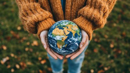 Hands holding a green Earth with leaves, the background is a grassy field, a close-up of the hands and globe, a sustainable environment concept stock photo contest winner, high resolution, 305mm lens, f/2.8 --chaos 30 --ar 16:9 --v 6.1 Job ID: 771ee4a5-5276-4aba-864a-7d1e981f5f76の素材