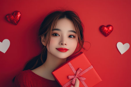 Valentine's Day background with paper hearts and gift box on a red color banner, flat lay top view copy space concept for love, romance, Valentine's celebration, or wedding card design. Stock photo contest winner, minimalistic, flat lay. --ar 3:2 --v 6.1 Job ID: ee395014-c652-4b50-805c-971916a04498の素材