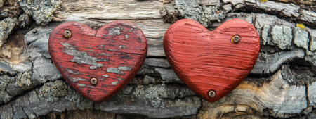Two red wooden hearts on old wood, a Valentine's Day background banner with a copy space area. --ar 8:3 --v 6.1 Job ID: 94843410-d077-47d0-b433-fe9202960b9aの素材