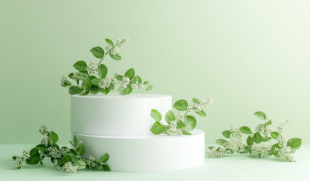White cylindrical podium with green leaf decoration on a pastel light mint background for a product presentation scene, a cosmetic mock-up template, a beauty studio backdrop, a minimalist design, 3D rendering illustration. --ar 17:10 --v 6.1 Job ID: 32e34292-c711-43a9-a153-4b9cbc1c48caの素材