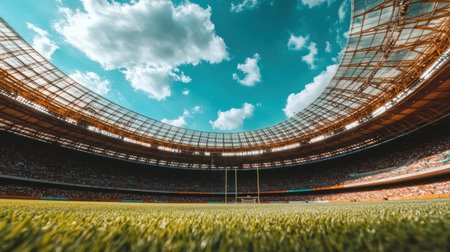 The interior of the football stadium is visible from below, the grass on the green field stands in front of the camera, on a sunny day with a blue sky and clouds. A large glass roof covers the spectators sitting inside. The scene is captured with a wide-angle lens in natural lighting. --chaos 30 --ar 16:9 --v 6.1 Job ID: 4ed1a4e6-c574-4306-b99a-edfe19806f99の素材