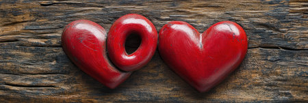 Two red hearts intertwined on a wooden background, a romantic concept banner for Valentine's Day celebration or a love and connection theme. --ar 3:1 --v 6.1 Job ID: c074b379-5875-4842-8612-aed85eaa7b8eの素材