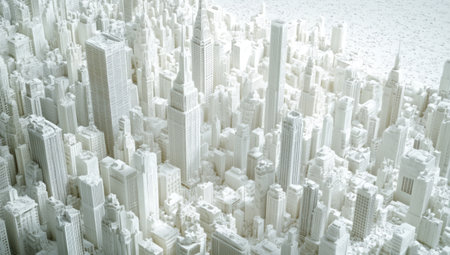 White cityscape with skyscrapers and buildings, 3D rendering of an urban landscape, high resolution, high quality, high detail, high definition, white background, white color theme, Octane render, 2048x2056 resolution, isometric perspective, tilt-shift lens, depth of field, volumetric lighting, full frame. --ar 53:30 --v 6.1 Job ID: 653be449-533f-439e-97fe-53214da18b97の素材