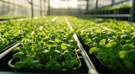 Close-up of green plants in black pots growing inside an indoor greenhouse with sunlight. Close-up of young seedlings sprouting and growing. Close-up, focus on the leaves. Shot from above, blurred background. Sun rays shining through the window. Macro photography, depth of field. --ar 128:71 --v 6.1 Job ID: fecf879c-fd45-47ad-aedf-df44c9ad72feの素材