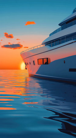 Realistic illustration of a luxury yacht, with a simple and clean background, set against a sunset and blue sky. The style is minimalist, with a vector art aesthetic and flat design. The high-resolution image has high contrast and color grading, resulting in bright colors and volumetric lighting. The focus is sharp, giving it a studio photography feel, with natural lighting. Rendered using Octane, this artwork is trending on Behance. --ar 71:128 --v 6.1 Job ID: d8181dbe-38df-49d5-b606-cc1e7215ee5bの素材