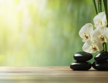 Photo of bamboo and orchid with black stones on a wooden table, against a green background. A spa concept banner template, featuring beauty treatment and relaxation design elements, in a zen nature setting. --ar 13:10 --v 6.1 Job ID: 824ef9db-5e2b-4a0a-a934-01c041f57228の素材