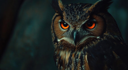 Portrait of an owl, close-up shot, dark background, orange eyes, photography, cinematic, hyperrealistic. --ar 120:67 --v 6.1 Job ID: 9ef27585-9a51-48a7-a417-3c8555844267の素材
