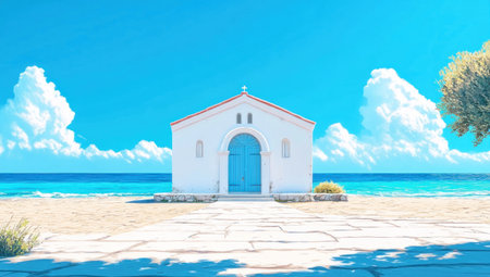 Photo of a small white and blue Greek church building with an entrance, on the beach in front of the sea, under a clear sky on a bright, sunny day. --ar 53:30 --v 6.1 Job ID: d6925356-eed5-4923-bcb9-2cba719fb2afの素材