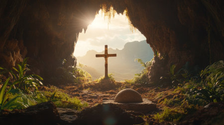 The empty tomb of Jesus Christ, with the stone rolled away, is surrounded by lush greenery and bathed in warm sunlight, symbolizing His comforting presence. In front stands an old wooden cross, representing His sacrifice for humanity. The scene conveys peace and hope as He stands beside the open cave door, overlooking the Earth's landscape. --chaos 30 --ar 16:9 --v 6.1 Job ID: c5e27997-2e9f-40f7-9724-ec85e46a96f8の素材