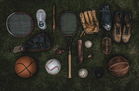 Photo of various sports equipment on grass, including a badminton racket and ball, a soccer ball, a baseball glove and bat, a basketball, and shoes, from a top-down view. --ar 23:15 --v 6.1 Job ID: 8be105e4-dc51-4b3a-9334-108a4c6674d6の素材