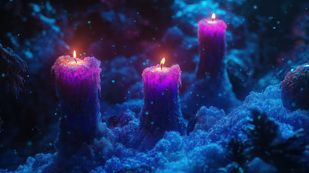 Stylish Christmas background with purple candles, snow, and decorations on a blue glowing lights bokeh backdrop banner. --chaos 30 --ar 16:9 --v 6.1 Job ID: 37987c27-d5c0-4a75-8985-6f65579bd1e8の素材