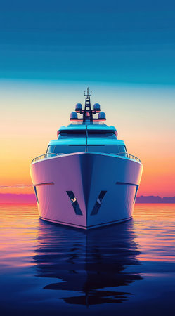 Realistic illustration of a luxury yacht, with a simple and clean background, set against a sunset and blue sky. The style is minimalist, with a vector art aesthetic and flat design. The high-resolution image has high contrast and color grading, resulting in bright colors and volumetric lighting. The focus is sharp, giving it a studio photography feel, with natural lighting. Rendered using Octane, this artwork is trending on Behance. --ar 71:128 --v 6.1 Job ID: d8181dbe-38df-49d5-b606-cc1e7215ee5bの素材