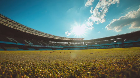 Soviet-style football stadium with a grass field, wide-angle view, blue sky, and sun shining through the roof of the stands, daylight, sharp focus, high-resolution photography. --chaos 30 --ar 16:9 --v 6.1 Job ID: 0b55827c-5f15-4762-bc2b-f3c358a0c42aの素材