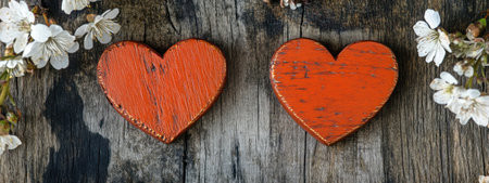 Two red wooden hearts on a rustic wood background, with copy space for a concept for Valentine's Day celebration, banner design with copy space area. Love and romance theme concept. --ar 8:3 --v 6.1 Job ID: 65ef7f70-6d04-4184-89be-7c8a7d1c2ff2の素材