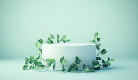 White cylindrical podium with green leaf decoration on a pastel light mint background for a product presentation scene, a cosmetic mock-up template, a beauty studio backdrop, a minimalist design, 3D rendering illustration. --ar 17:10 --v 6.1 Job ID: 32e34292-c711-43a9-a153-4b9cbc1c48caの素材