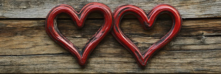 Two red hearts intertwined on a wooden background, a romantic concept banner for Valentine's Day celebration or a love and connection theme. --ar 3:1 --v 6.1 Job ID: c074b379-5875-4842-8612-aed85eaa7b8eの素材